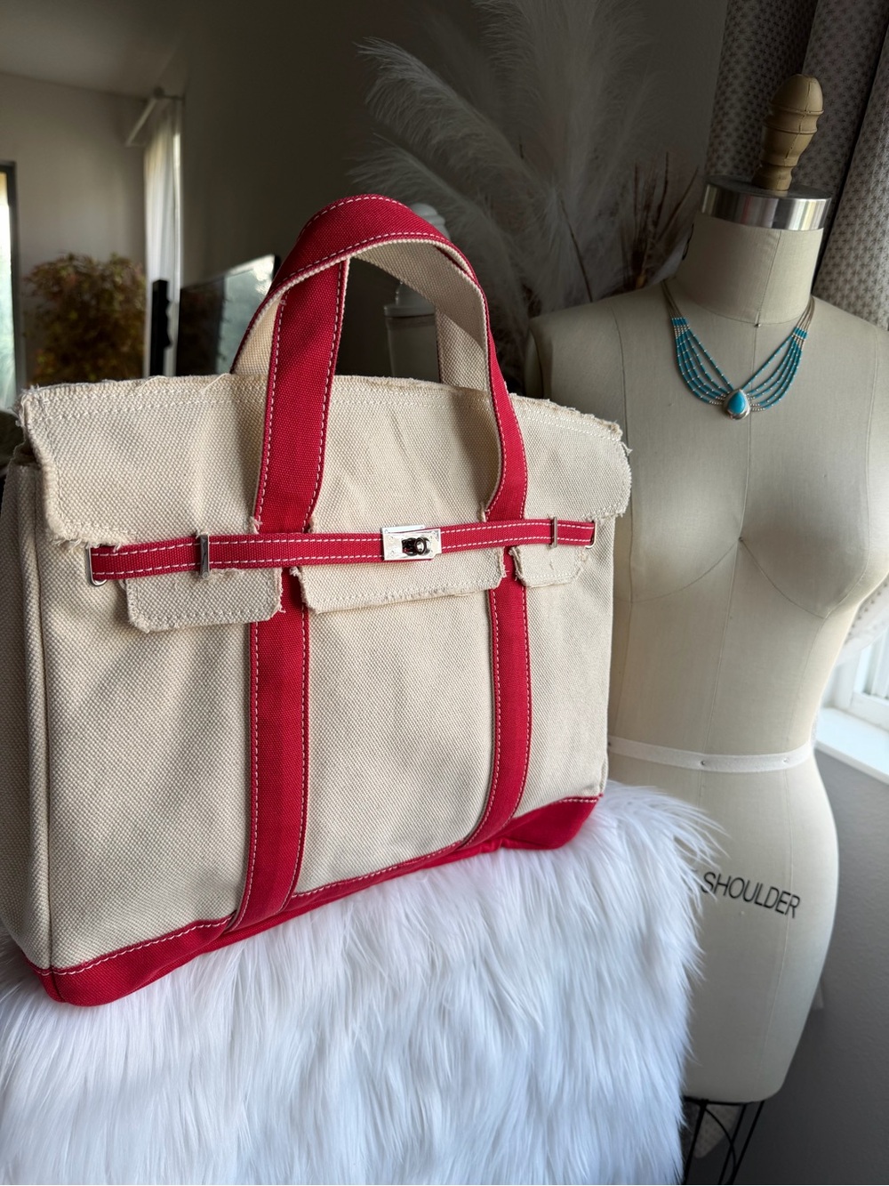 SUNWIN Large Madaket Classic  Cream Nantucket Red Canvas Tote Bag